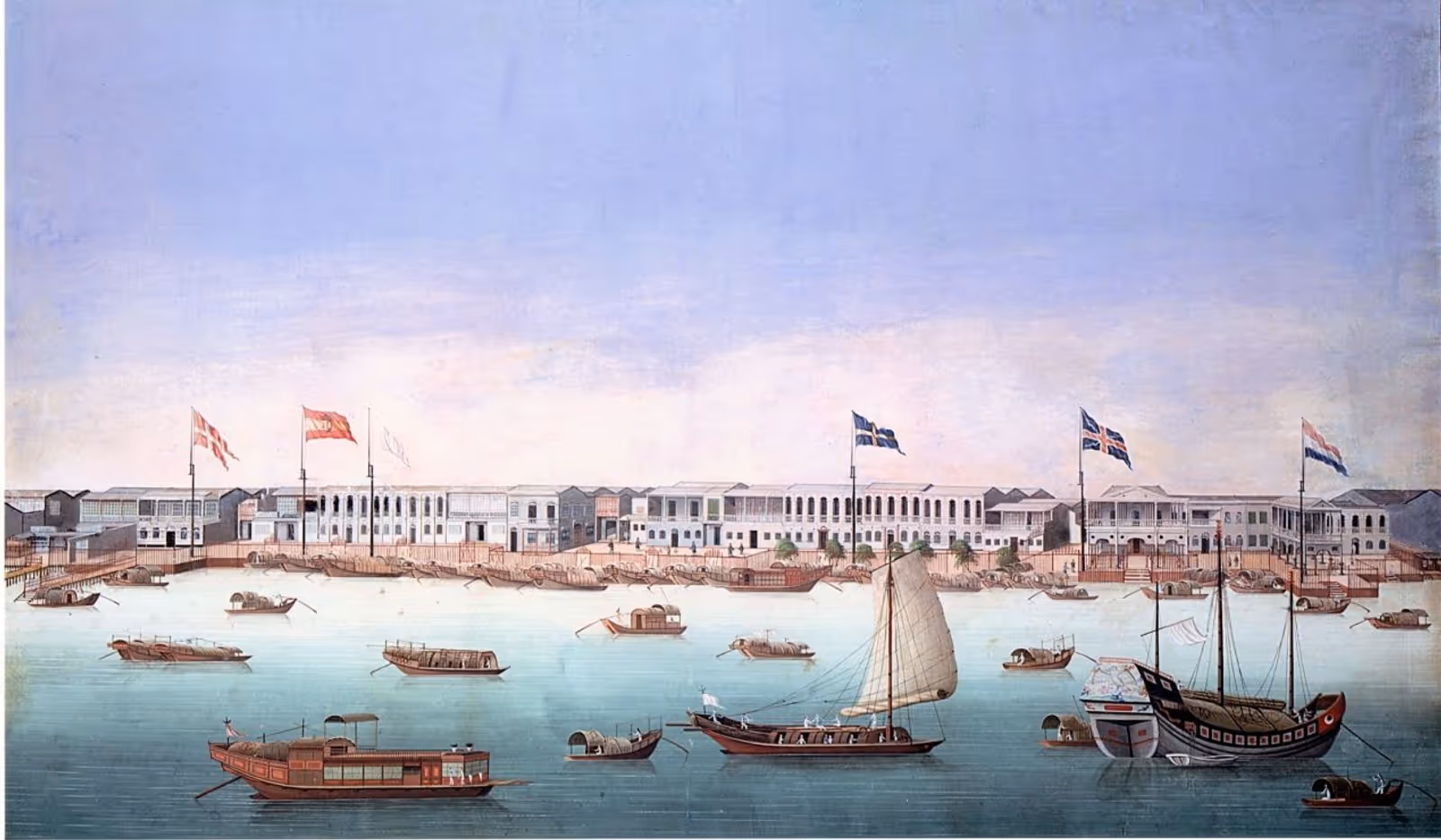 Chinese artist, c.1794 (77-59)  Canton: the Western ‘hongs’ or ‘Factories’  Gouache, 18 x 29 1/2 ins