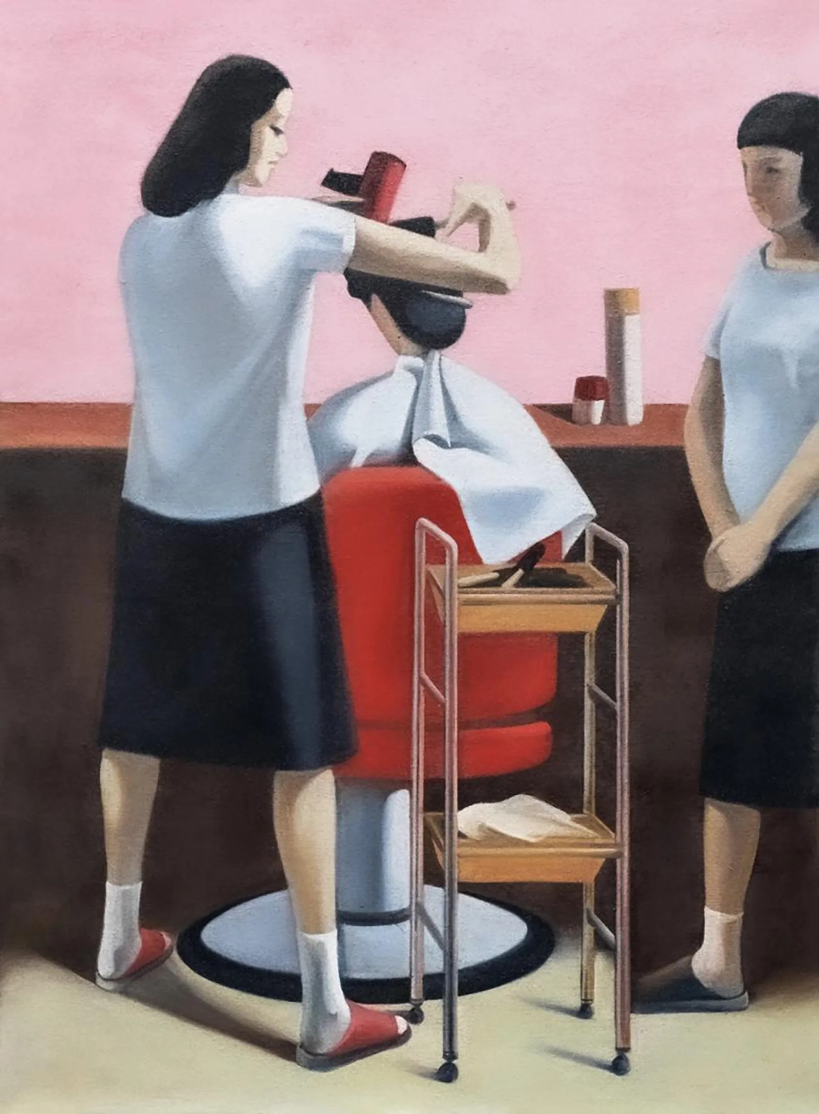 Figure 1：Geng Jianyi, Hairdressing Series No. 2: "The First Woman to Enter the Beauty Salon in the Summer of 1985," 184.5 × 134.5 cm, originally painted in 1985 and reproduced by the artist in 1992. It was presented at the China and Asian Modern and Contemporary Art Auction during the Poly Auction Hong Kong 2015 Autumn Sale under the catalog title Geng Jianyi 1986 Work Hairdressing.
