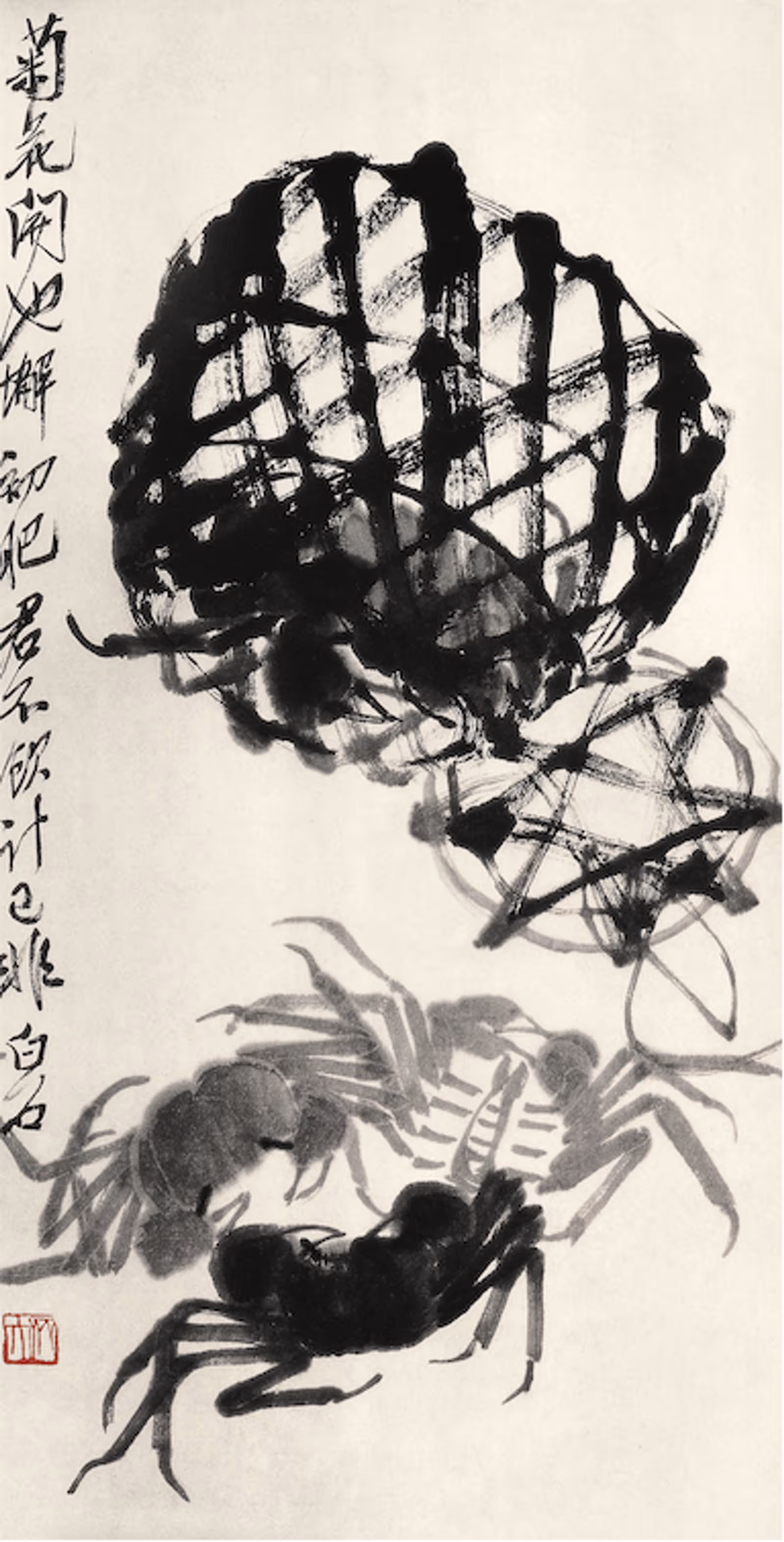 齐白石， 《篓蟹》， 中国画， 67.6 × 34.5cm， 20世纪30年代中期