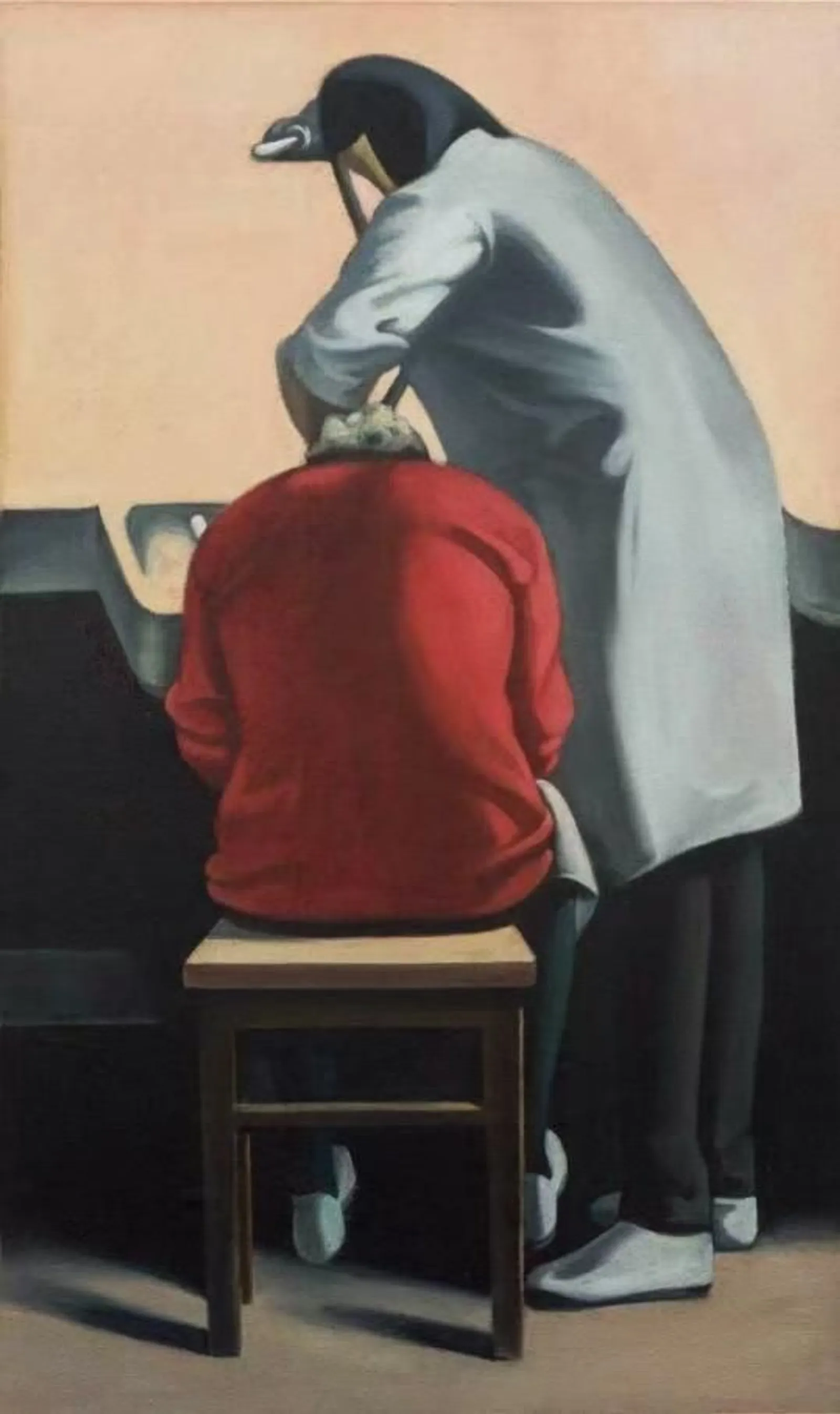 图3：耿建翌，《理发系列之一“85年夏季的清洗”》，最初画于1985年，1992年由艺术家复制，在2010年12月5日的匡时五周年秋季艺术品拍卖会上，以图录名称为《耿建翌1985年作洗头》拍卖，成交价高达470万元人民币。