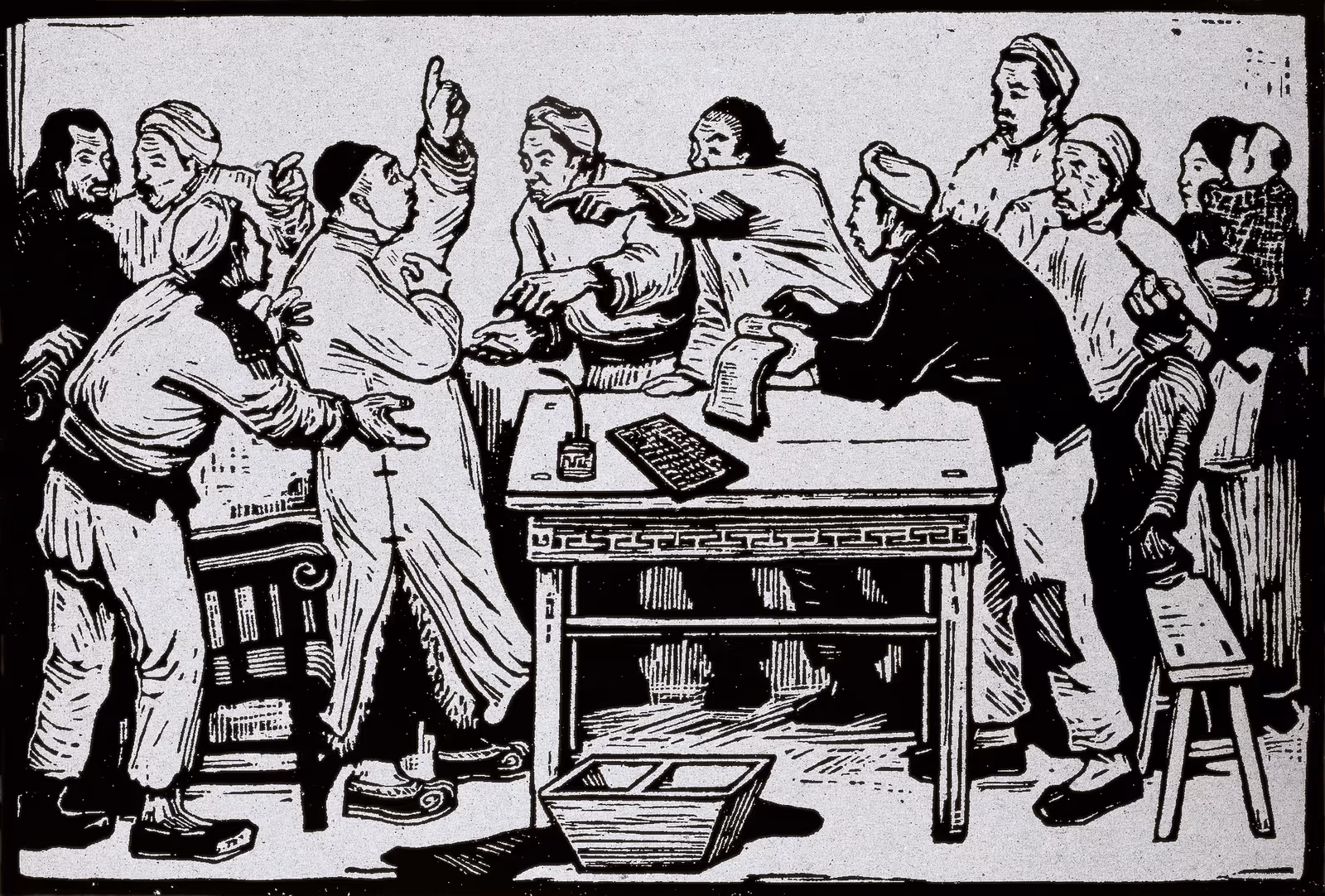 Figure 1. Gu Yuan, Rent Reduction Meeting, 1943, woodcut, 13.5×20 cm. 