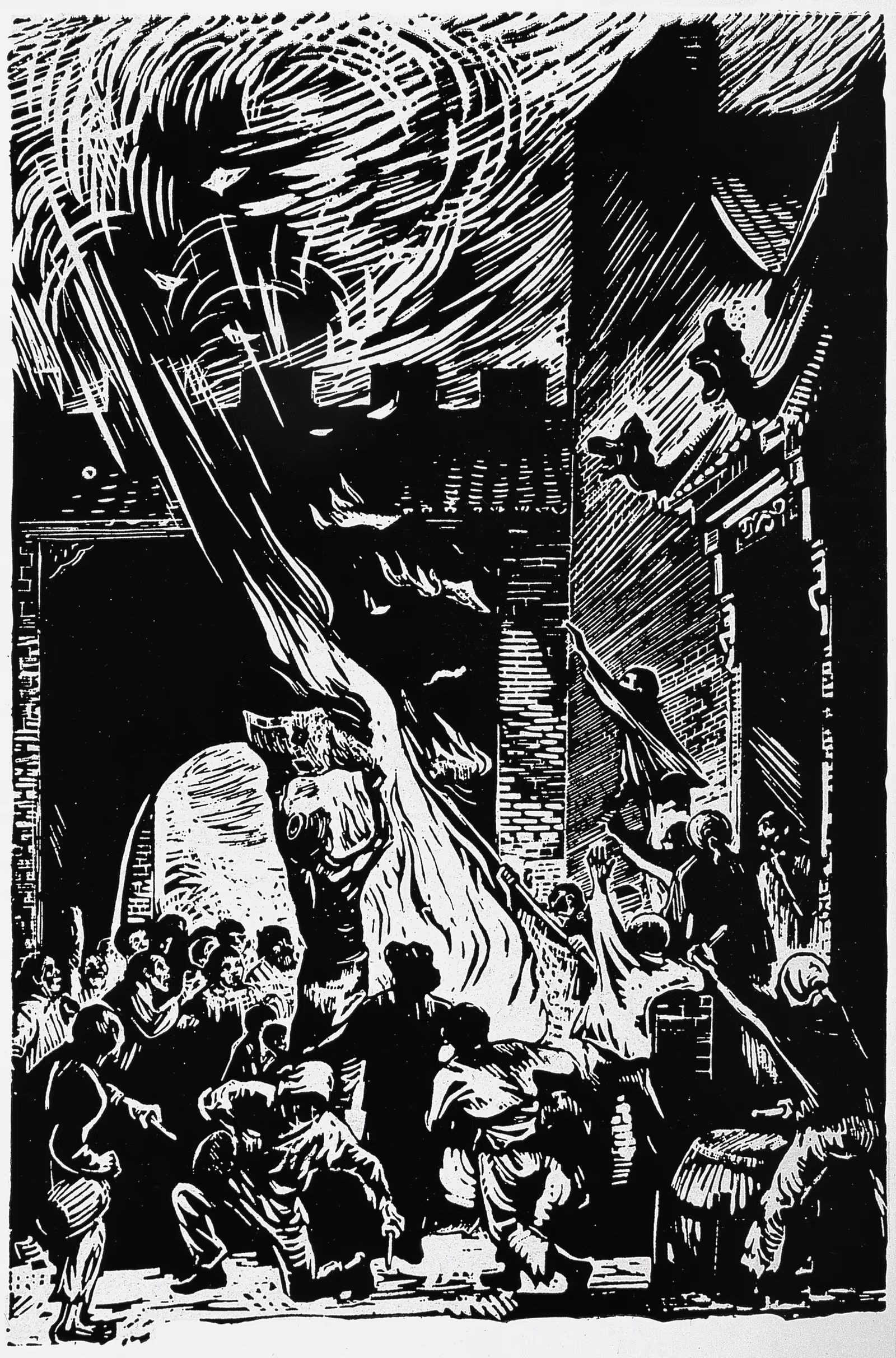 古元，《烧毁地契》，木刻，28 ×18.5cm ，1947